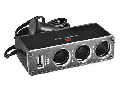 Прикуриватель Разветвитель на 3 гнезда + 2 USB С ПРОВОДОМ